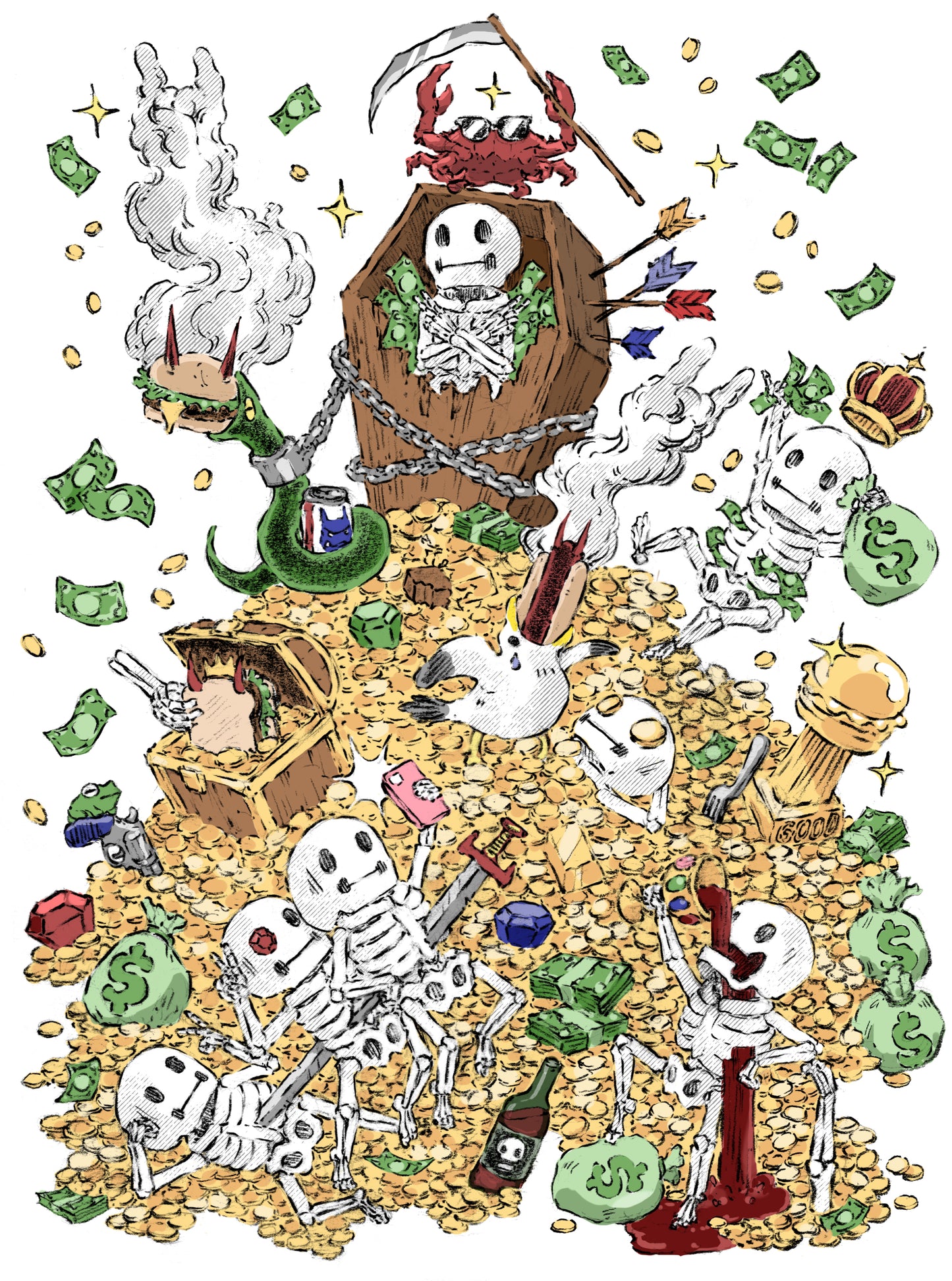 A manifestation of wealth with Skelemen and a pile of gold, surrounded by riches and indulgence