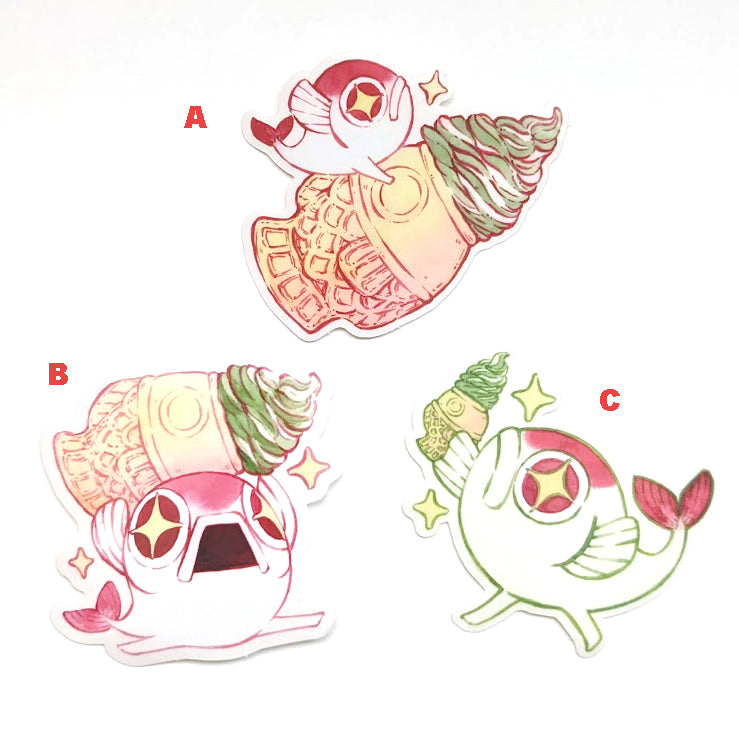 big and small koi fish with legs with taiyaki ice creams