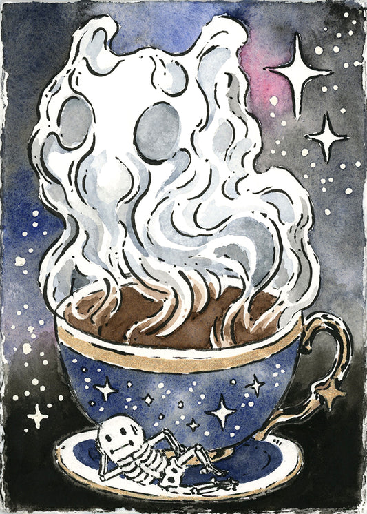 a cup of tea or coffee with a space background and the steam forming the shape of a cat and a skelemen laying in the saucer 